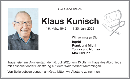 Traueranzeige von Klaus Kunisch von Memminger Zeitung