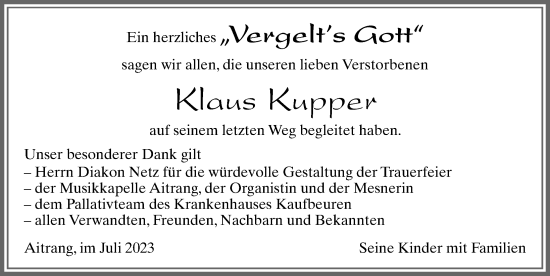 Traueranzeige von Klaus Kupper von Allgäuer Zeitung, Marktoberdorf