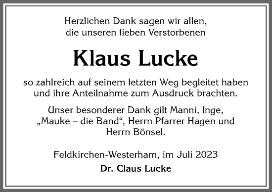 Traueranzeige von Klaus Lucke von Allgäuer Zeitung, Kaufbeuren/Buchloe
