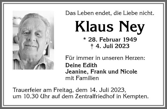 Traueranzeige von Klaus Ney von Allgäuer Zeitung,Kempten