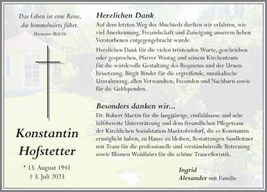 Traueranzeige von Konstantin Hofstetter von Allgäuer Zeitung, Marktoberdorf