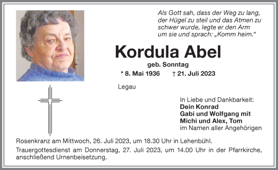 Traueranzeige von Kordula Abel von Memminger Zeitung