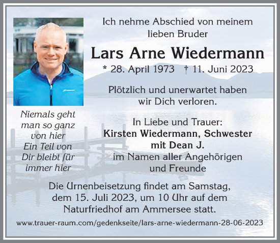 Traueranzeige von Lars Arne Wiedermann von Allgäuer Zeitung, Marktoberdorf