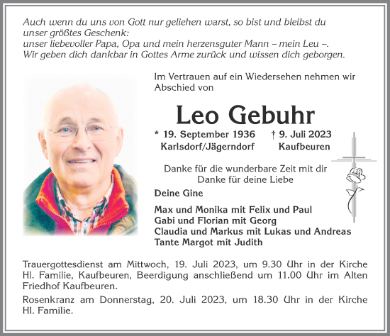 Traueranzeige von Leo Gebuhr von Allgäuer Zeitung, Kaufbeuren/Buchloe