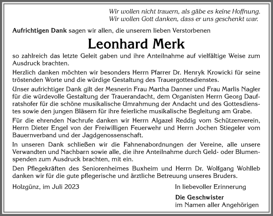 Traueranzeige von Leonhard Merk von Memminger Zeitung