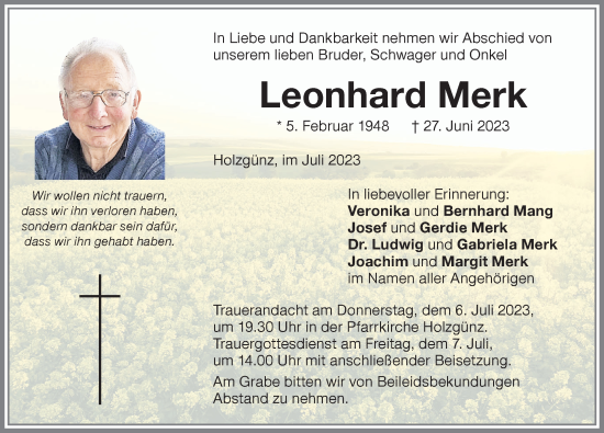 Traueranzeige von Leonhard Merk von Memminger Zeitung