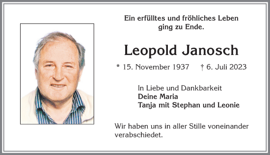 Traueranzeige von Leopold Janosch von Allgäuer Zeitung, Kaufbeuren/Buchloe