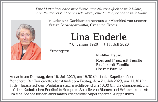 Traueranzeige von Lina Enderle von Allgäuer Zeitung,Kempten