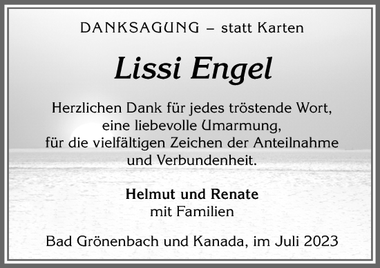 Traueranzeige von Lissi Engel von Allgäuer Zeitung,Kempten