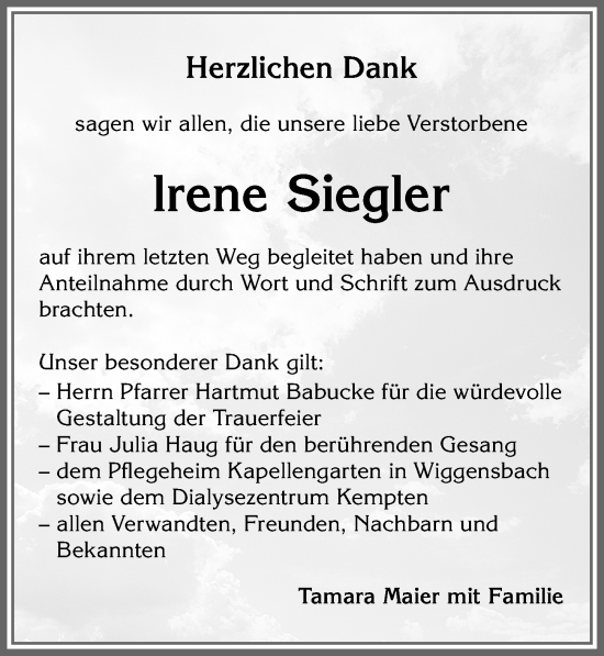 Traueranzeige von lrene Siegler von Allgäuer Zeitung,Kempten