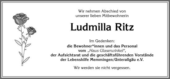 Traueranzeige von Ludmilla Ritz von Memminger Zeitung