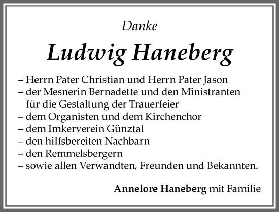 Traueranzeige von Ludwig Haneberg von Allgäuer Zeitung, Marktoberdorf