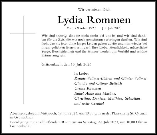 Traueranzeige von Lydia Rommen von Der Westallgäuer