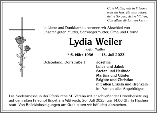 Traueranzeige von Lydia Weiler von Allgäuer Anzeigeblatt