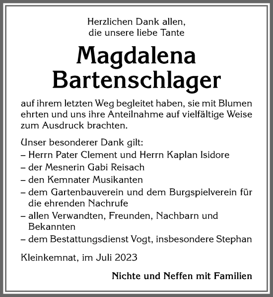 Traueranzeige von Magdalena Bartenschlager von Allgäuer Zeitung, Kaufbeuren/Buchloe