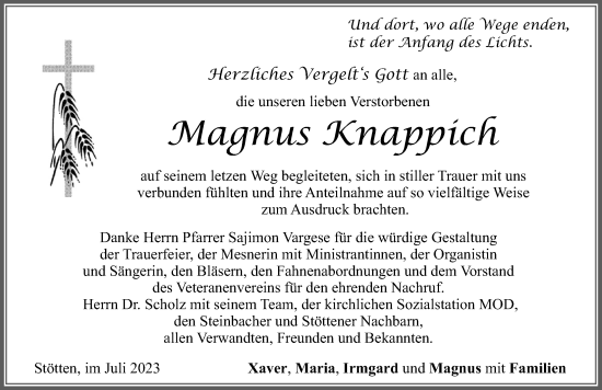 Traueranzeige von Magnus Knappich von Allgäuer Zeitung, Marktoberdorf