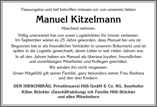 Traueranzeige von Manuel Kitzelmann von Allgäuer Anzeigeblatt