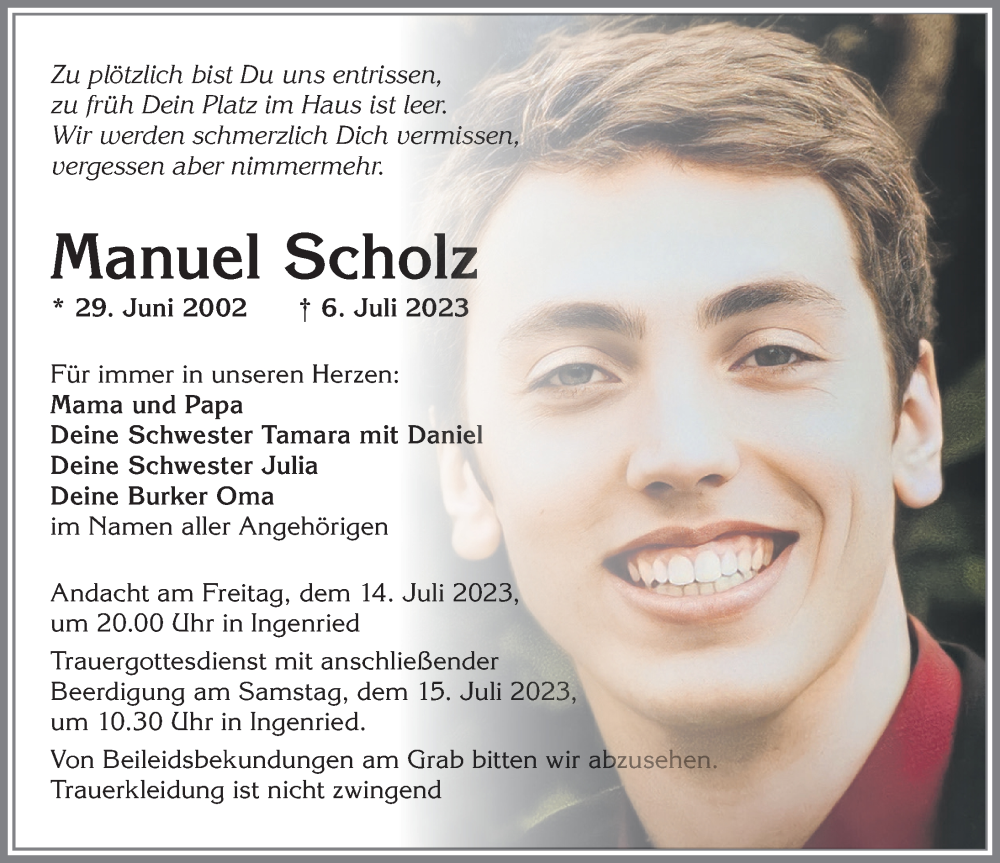  Traueranzeige für Manuel Scholz vom 13.07.2023 aus Allgäuer Zeitung, Marktoberdorf