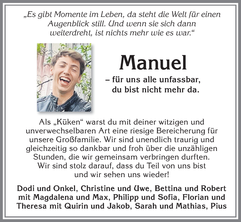 Traueranzeige für Manuel Scholz vom 13.07.2023 aus Allgäuer Zeitung, Marktoberdorf