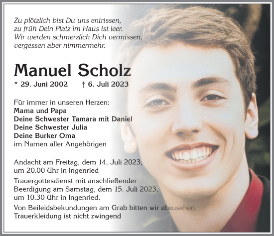 Traueranzeige von Manuel Scholz von Allgäuer Zeitung, Marktoberdorf