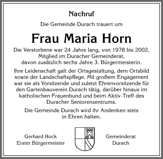 Traueranzeige von Maria Horn von Allgäuer Zeitung,Kempten