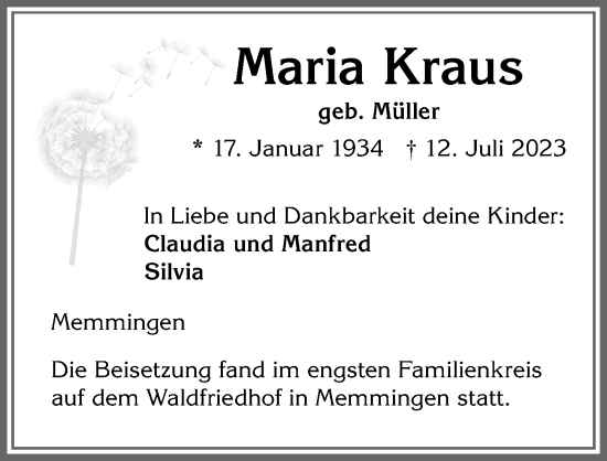 Traueranzeige von Maria Kraus von Memminger Zeitung