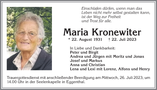 Traueranzeige von Maria Kronewiter von Allgäuer Zeitung, Kaufbeuren/Buchloe