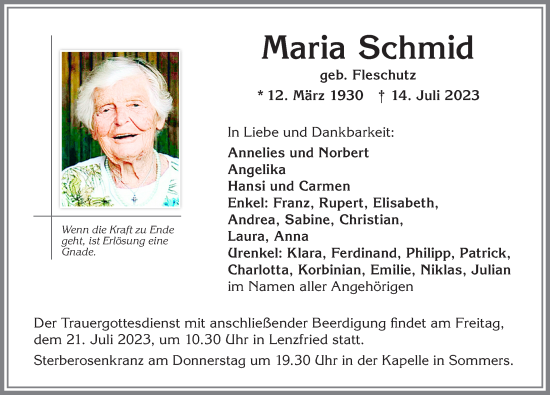Traueranzeige von Maria Schmid von Allgäuer Zeitung,Kempten