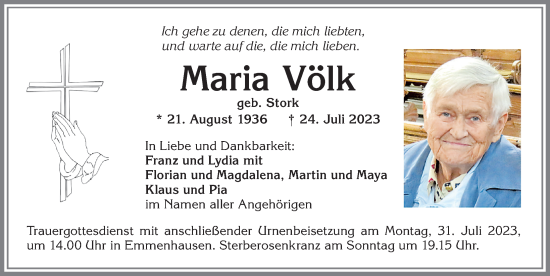 Traueranzeige von Maria Völk von Allgäuer Zeitung, Kaufbeuren/Buchloe