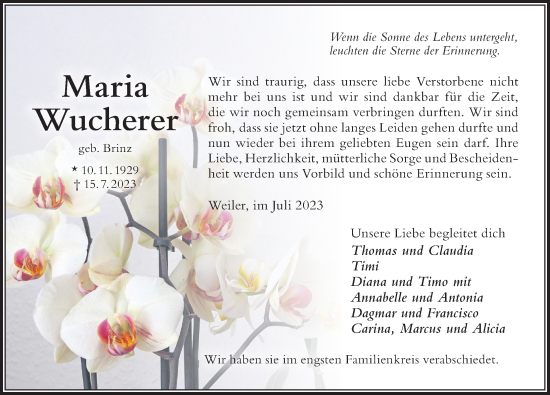 Traueranzeige von Maria Wucherer von Der Westallgäuer