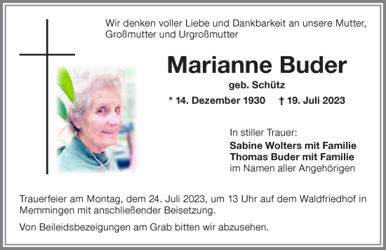 Traueranzeige von Marianne Buder von Memminger Zeitung