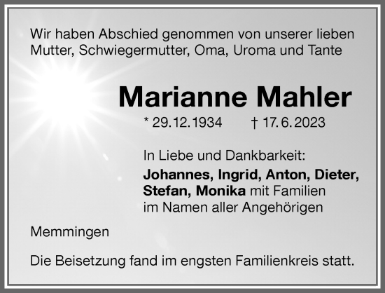 Traueranzeige von Marianne Mahler von Memminger Zeitung