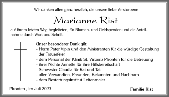 Traueranzeige von Marianne Rist von Allgäuer Zeitung, Füssen
