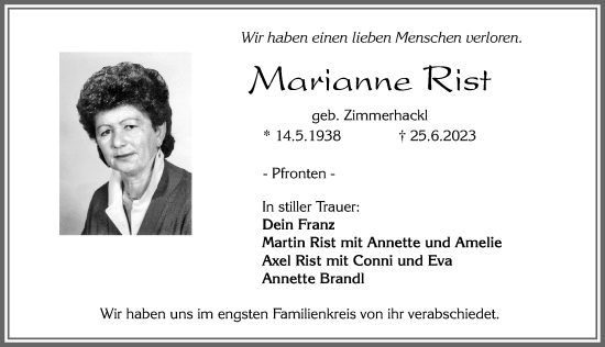 Traueranzeige von Marianne Rist von Allgäuer Zeitung, Füssen