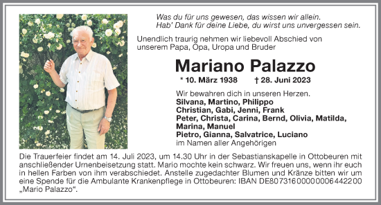 Traueranzeige von Mariano Palazzo von Memminger Zeitung