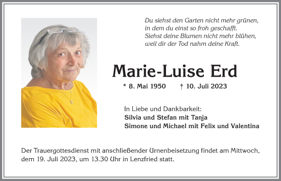 Traueranzeige von Marie-Luise Erd von Allgäuer Zeitung,Kempten