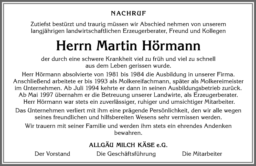  Traueranzeige für Martin Hörmann vom 15.07.2023 aus Allgäuer Zeitung, Gesamtausgabe