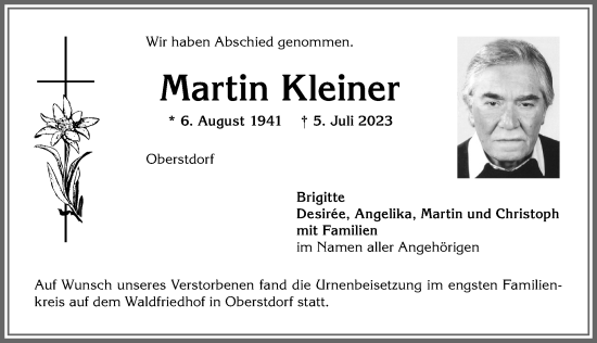 Traueranzeige von Martin Kleiner von Allgäuer Anzeigeblatt