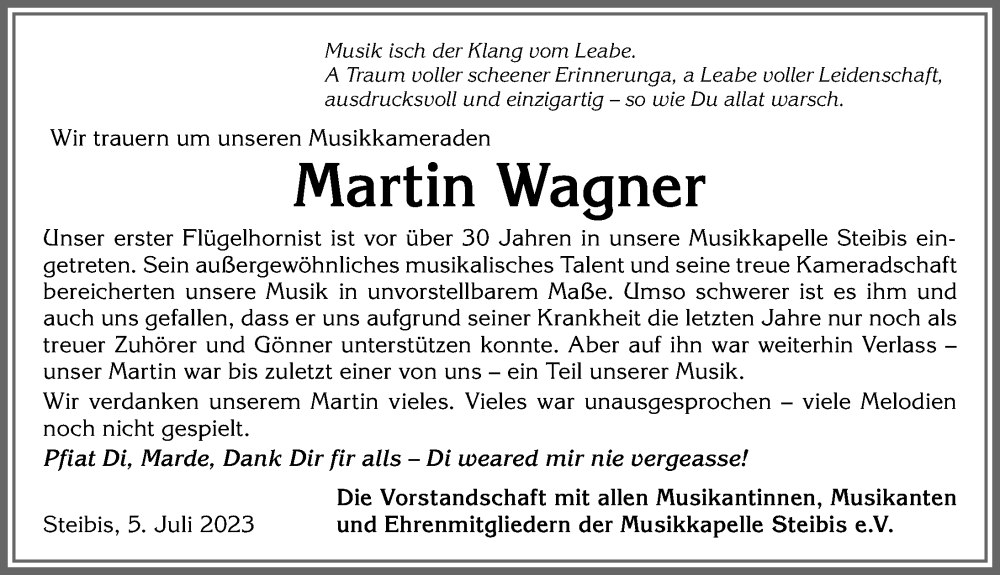  Traueranzeige für Martin Wagner vom 05.07.2023 aus Allgäuer Anzeigeblatt