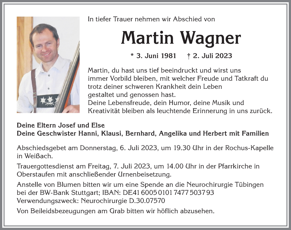  Traueranzeige für Martin Wagner vom 05.07.2023 aus Allgäuer Anzeigeblatt