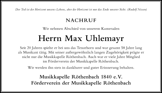 Traueranzeige von Max Uhlemayr von Der Westallgäuer