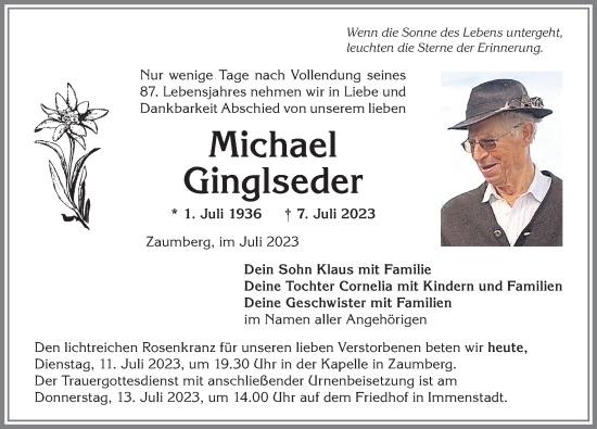 Traueranzeige von Michael Ginglseder von Allgäuer Anzeigeblatt