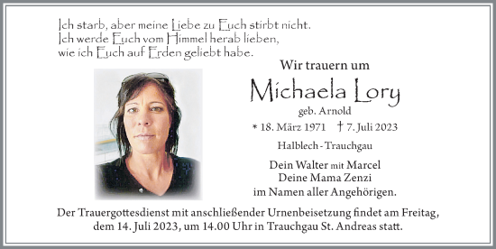Traueranzeige von Michaela Lory von Allgäuer Zeitung, Füssen