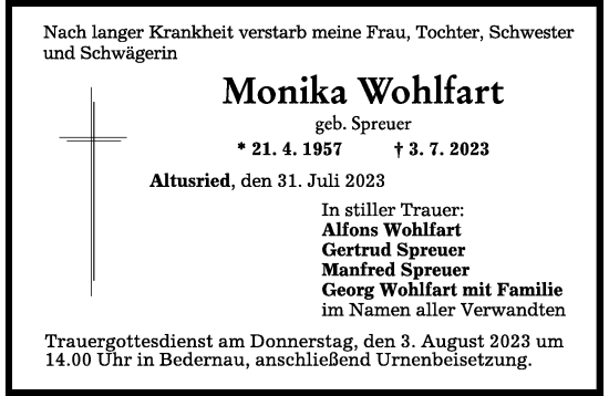 Traueranzeige von Monika Wohlfart von Augsburger Allgemeine, Mindelheimer Zeitung