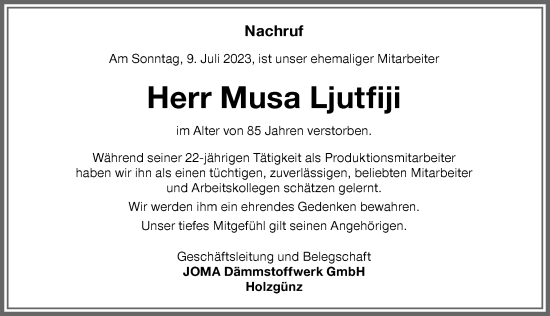 Traueranzeige von Musa Ljutfiji von Memminger Zeitung