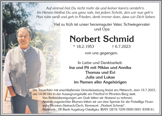 Traueranzeige von Norbert Schmid von Allgäuer Zeitung, Marktoberdorf