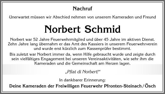 Traueranzeige von Norbert Schmid von Allgäuer Zeitung, Füssen