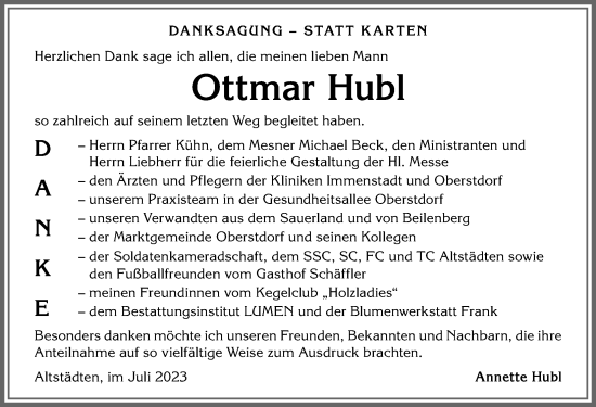Traueranzeige von Ottmar Hubl von Allgäuer Anzeigeblatt