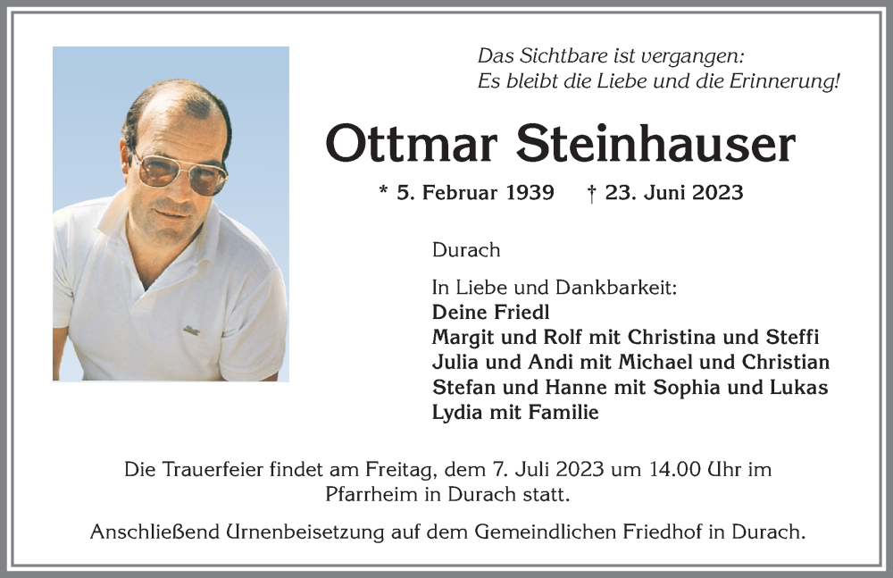  Traueranzeige für Ottmar Steinhauser vom 01.07.2023 aus Allgäuer Zeitung,Kempten