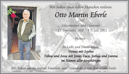 Traueranzeige von Otto Martin Eberle von Allgäuer Zeitung, Füssen